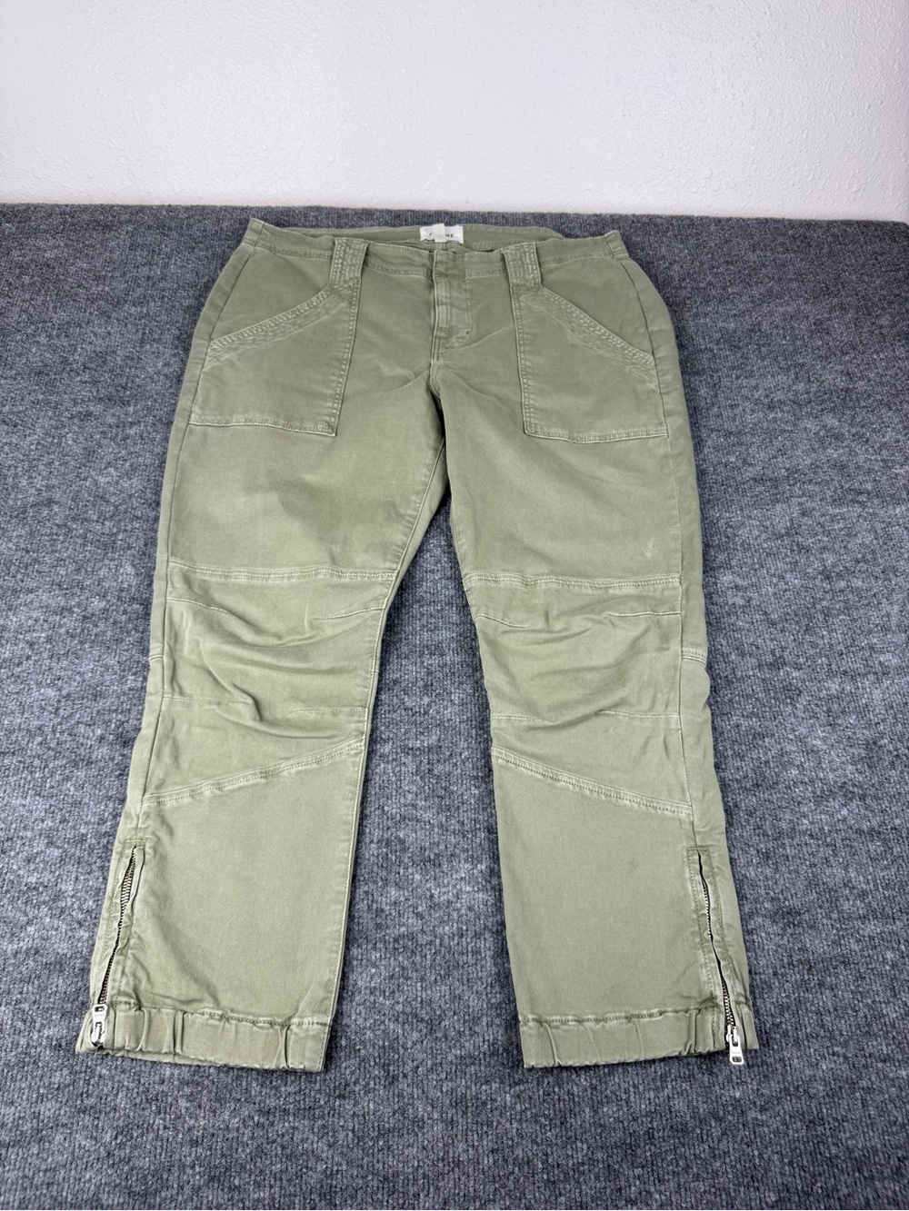 FRAME Banded Hem Moto Pants Washed Aloe Green Crop Utility Pants Size 32 - Picture 2 of 14